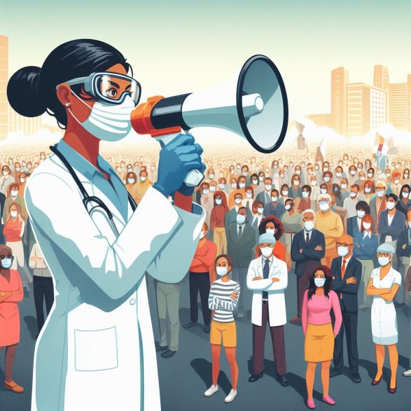 A female doctor in a white lab coat wearing safety googles and face mask using a megaphone to amplify their message to a crowd also wearing masks.