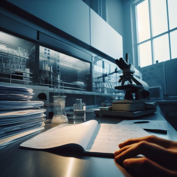 Low angle view of a pristine laboratory setting. Glassware, microscope, and fume hood are visible from the perspective of an open lab notebook.