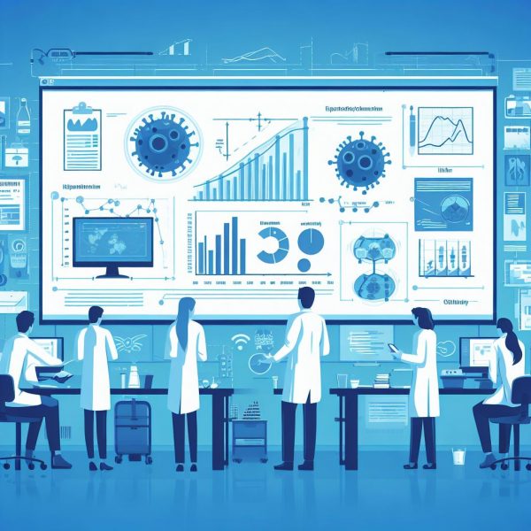 A cartoon in shades of blue of six scientists staring an oversized white board with charts, graphs, and images on it.