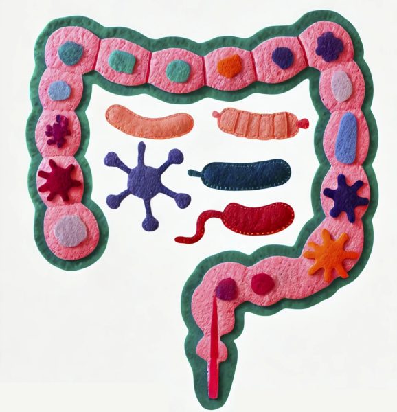 A stylized image of the large intestine made of felt with different felt shapes representing microorganisms.