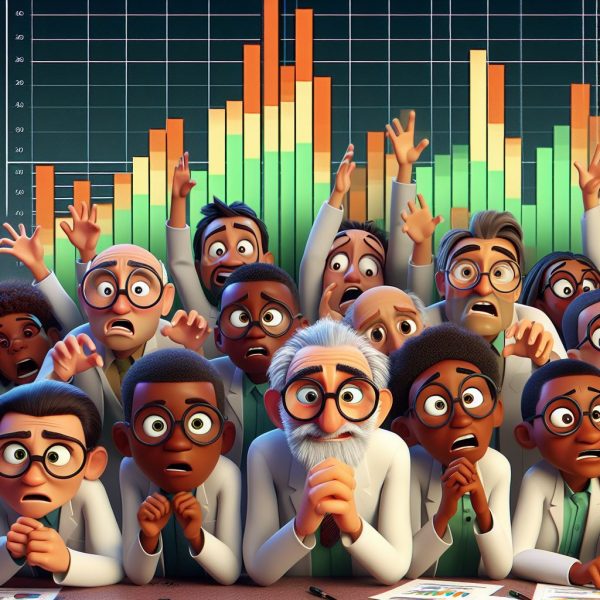 A collection of cartoon scientists looking worried with an intimidating stacked bar chart looming behind them.