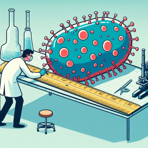 Cartoon scientist tries to measure a bacteria with a ruler that is several times larger than everything around it.